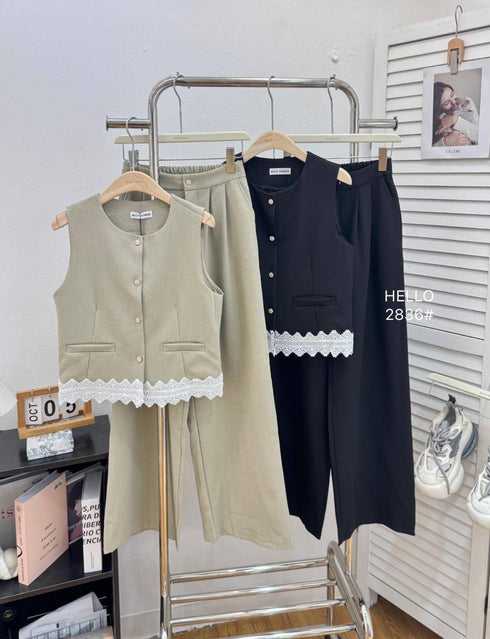 Women Classy Sleeves Lace Border Vest With Trouser Sets